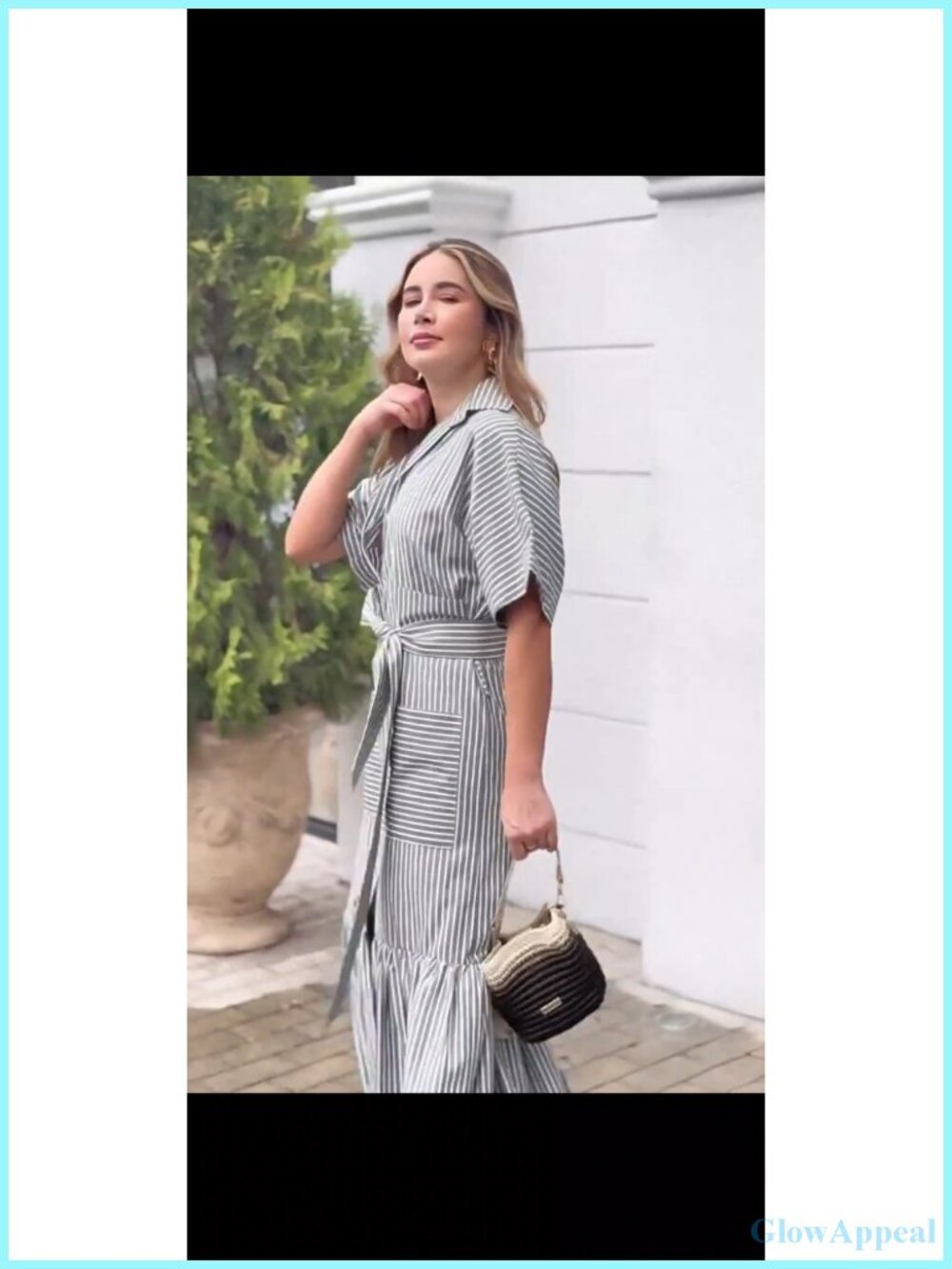 Striped Button Down Maxi Dress with Pockets Tie Waist Short Sleeve Shirt Dress - Picture 6 of 6